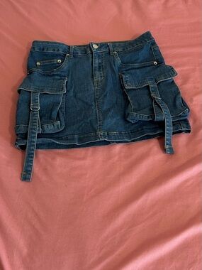Dark Wash Denim Mini Skirt with Cargo Pockets